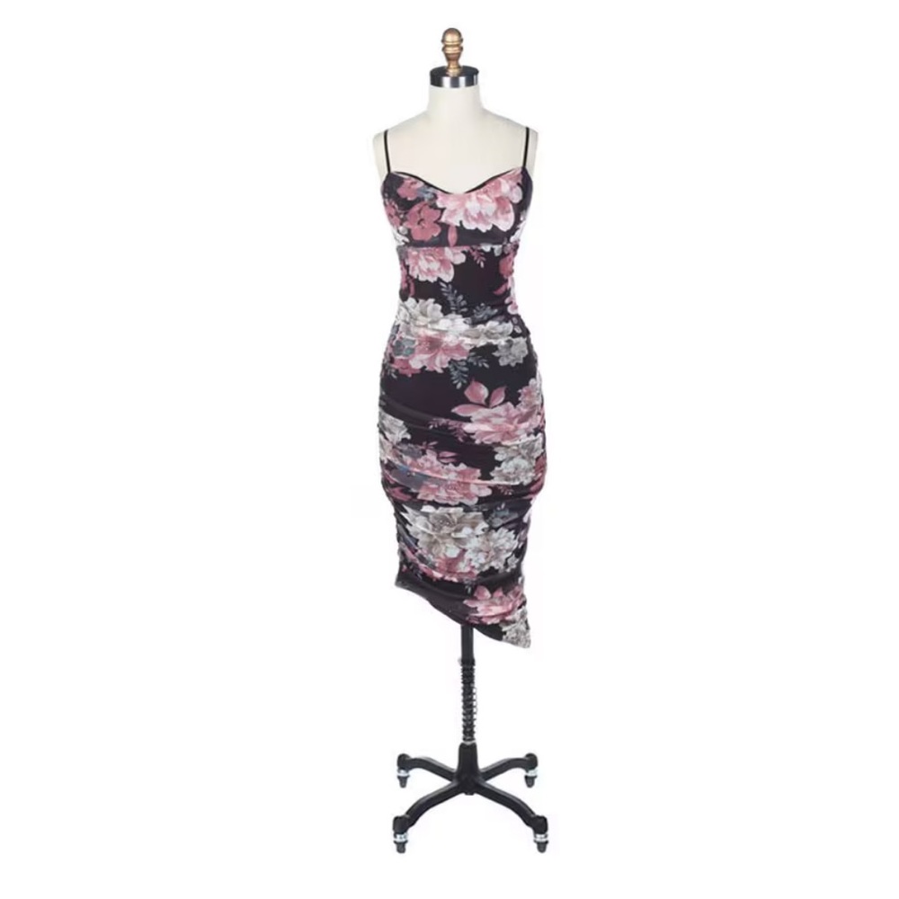 Emerald Sundae Floral Mesh Ruched Midi Dress